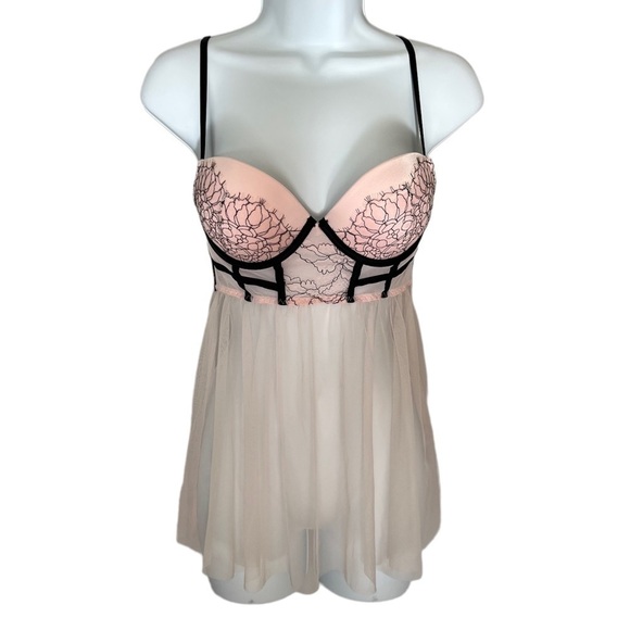 Victoria’s Secret sheer pink and black mesh and lace push up bra lingerie nighty - Picture 1 of 9